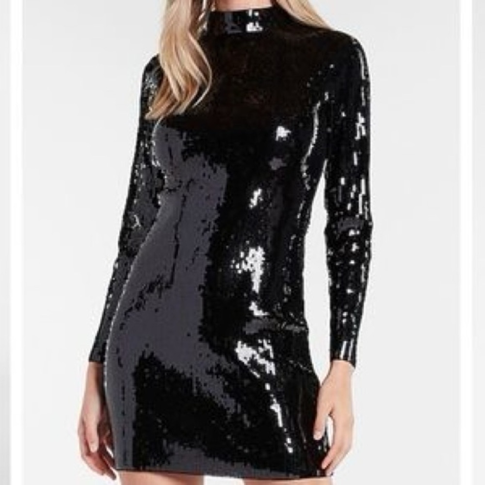 NWT Express Sequin Long Sleeve Mock Neck Cut Out Dress, Size M